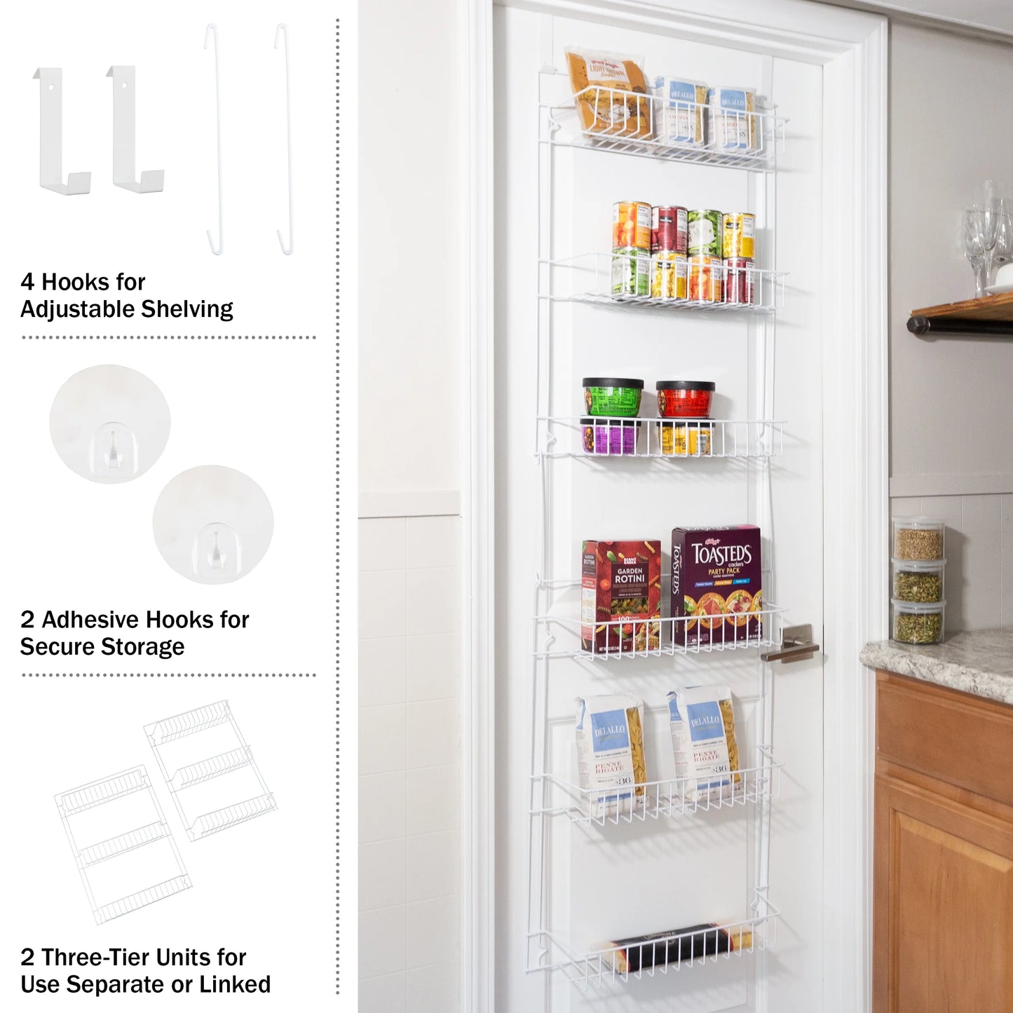 6-Tier Adjustable over the Door Pantry Organizer - Powder-Coated Steel Hanging Pantry Shelves and Rack for Kitchen Organization (White)
